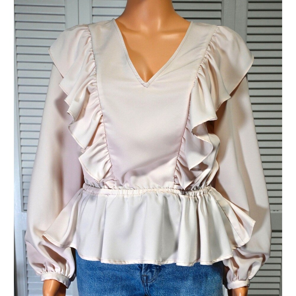 Who What Wear Blouse Women S Blush Pink Ruffle Peplum V-Neck Long Sleeve